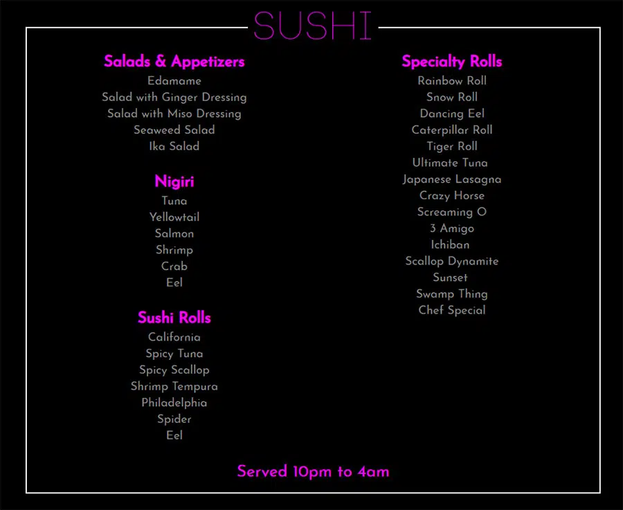 Crazy Horse Sushi Menu